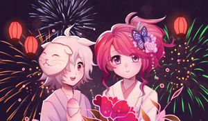 Preview wallpaper girls, flowers, fireworks, anime, art