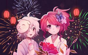 Preview wallpaper girls, flowers, fireworks, anime, art