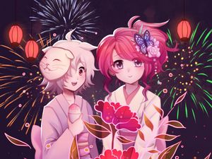 Preview wallpaper girls, flowers, fireworks, anime, art