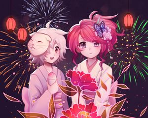 Preview wallpaper girls, flowers, fireworks, anime, art