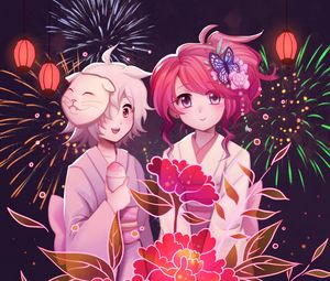 Preview wallpaper girls, flowers, fireworks, anime, art