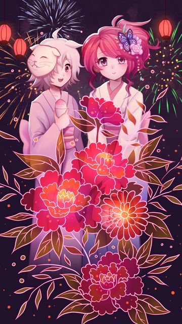 360x640 Wallpaper girls, flowers, fireworks, anime, art