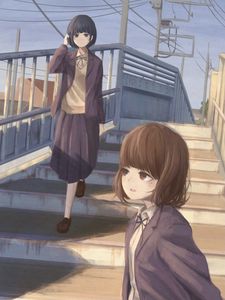 Preview wallpaper girls, friends, stairs, anime, art