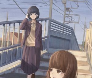 Preview wallpaper girls, friends, stairs, anime, art