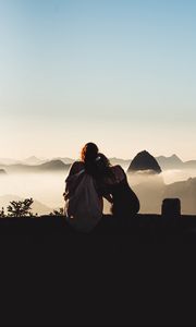 Preview wallpaper girls, girlfriends, friendship, fog, mountains