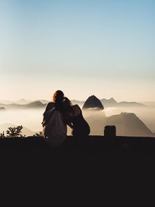 Preview wallpaper girls, girlfriends, friendship, fog, mountains