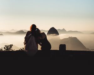 Preview wallpaper girls, girlfriends, friendship, fog, mountains