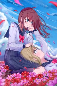 Preview wallpaper girls, girlfriends, petals, field, anime