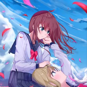 Preview wallpaper girls, girlfriends, petals, field, anime