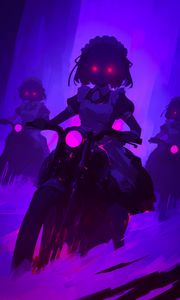 Preview wallpaper girls, motorcycles, bikes, art, anime, purple