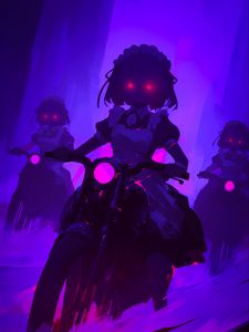 Preview wallpaper girls, motorcycles, bikes, art, anime, purple