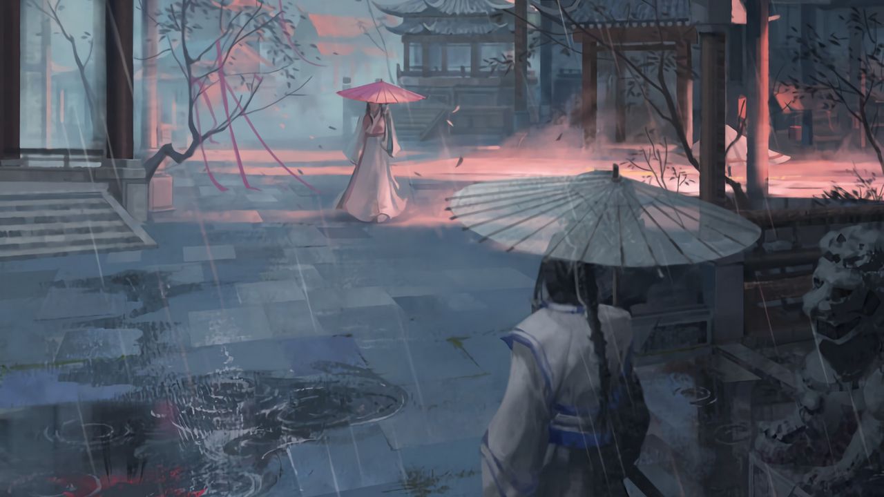 Wallpaper girls, pagodas, rain, umbrellas, japan, art