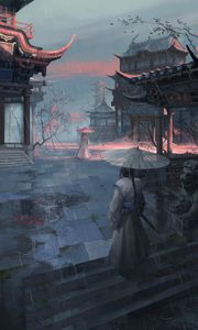 Preview wallpaper girls, pagodas, rain, umbrellas, japan, art