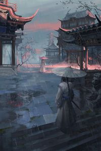 Preview wallpaper girls, pagodas, rain, umbrellas, japan, art