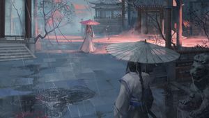 Preview wallpaper girls, pagodas, rain, umbrellas, japan, art