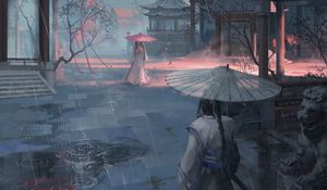 Preview wallpaper girls, pagodas, rain, umbrellas, japan, art
