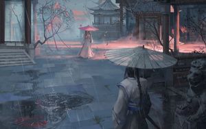 Preview wallpaper girls, pagodas, rain, umbrellas, japan, art