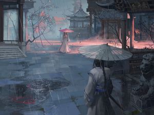 Preview wallpaper girls, pagodas, rain, umbrellas, japan, art