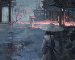 Preview wallpaper girls, pagodas, rain, umbrellas, japan, art