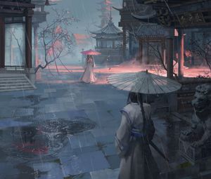 Preview wallpaper girls, pagodas, rain, umbrellas, japan, art