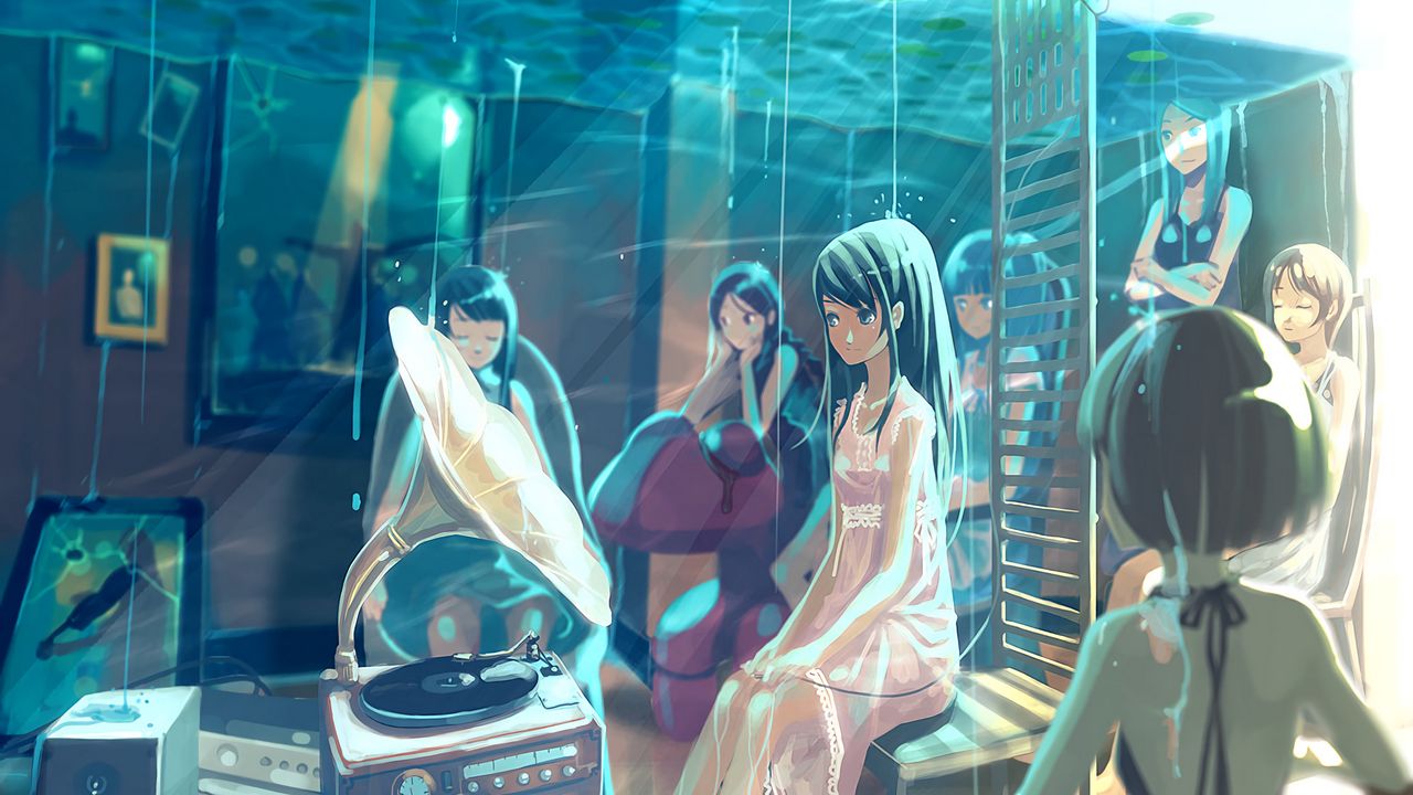 Wallpaper girls, party, music, underwater, anime