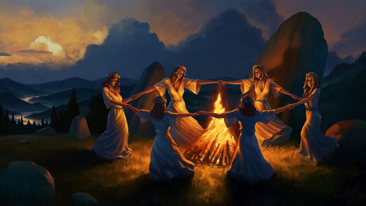 Wallpaper girls, round dance, bonfire, fire, art