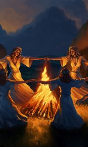 Preview wallpaper girls, round dance, bonfire, fire, art