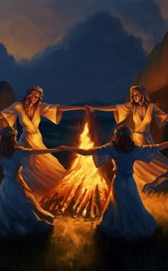 Preview wallpaper girls, round dance, bonfire, fire, art