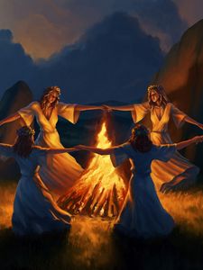 Preview wallpaper girls, round dance, bonfire, fire, art