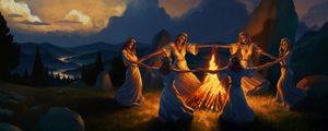 Preview wallpaper girls, round dance, bonfire, fire, art