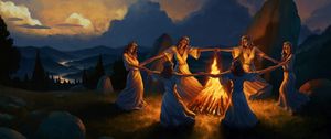 Preview wallpaper girls, round dance, bonfire, fire, art