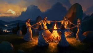 Preview wallpaper girls, round dance, bonfire, fire, art