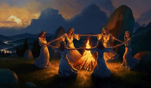 Preview wallpaper girls, round dance, bonfire, fire, art