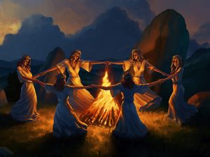 Preview wallpaper girls, round dance, bonfire, fire, art