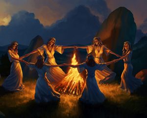 Preview wallpaper girls, round dance, bonfire, fire, art