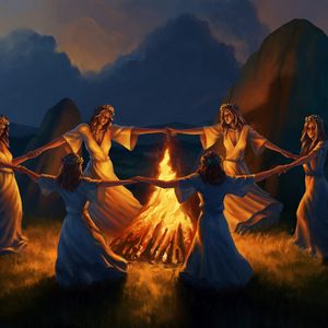 Preview wallpaper girls, round dance, bonfire, fire, art