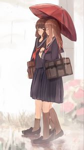 Preview wallpaper girls, schoolgirls, umbrella, anime