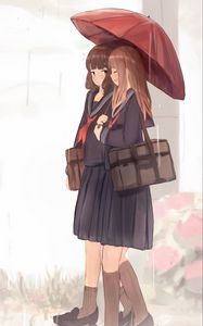 Preview wallpaper girls, schoolgirls, umbrella, anime