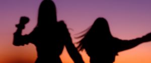 Preview wallpaper girls, silhouettes, dance, twilight, dark