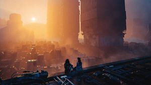 Preview wallpaper girls, silhouettes, ruins, fog, fantasy
