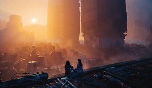 Preview wallpaper girls, silhouettes, ruins, fog, fantasy