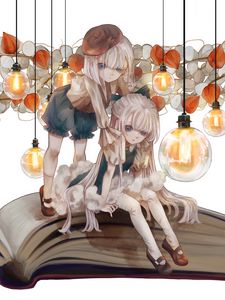 Preview wallpaper girls, sisters, light bulbs, anime, art