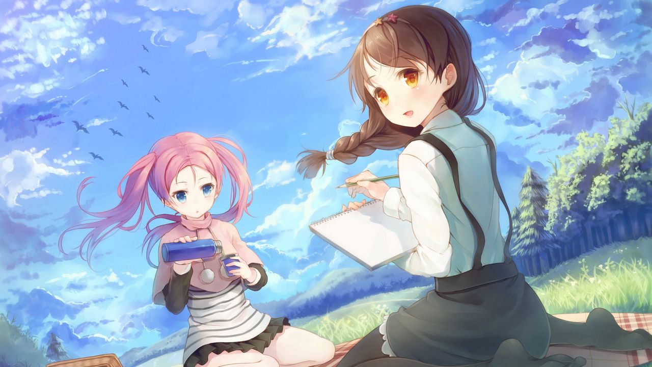Wallpaper girls, tail, wind, picnic, thermos, sky, birds