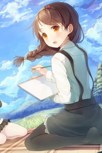 Preview wallpaper girls, tail, wind, picnic, thermos, sky, birds