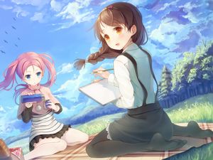Preview wallpaper girls, tail, wind, picnic, thermos, sky, birds