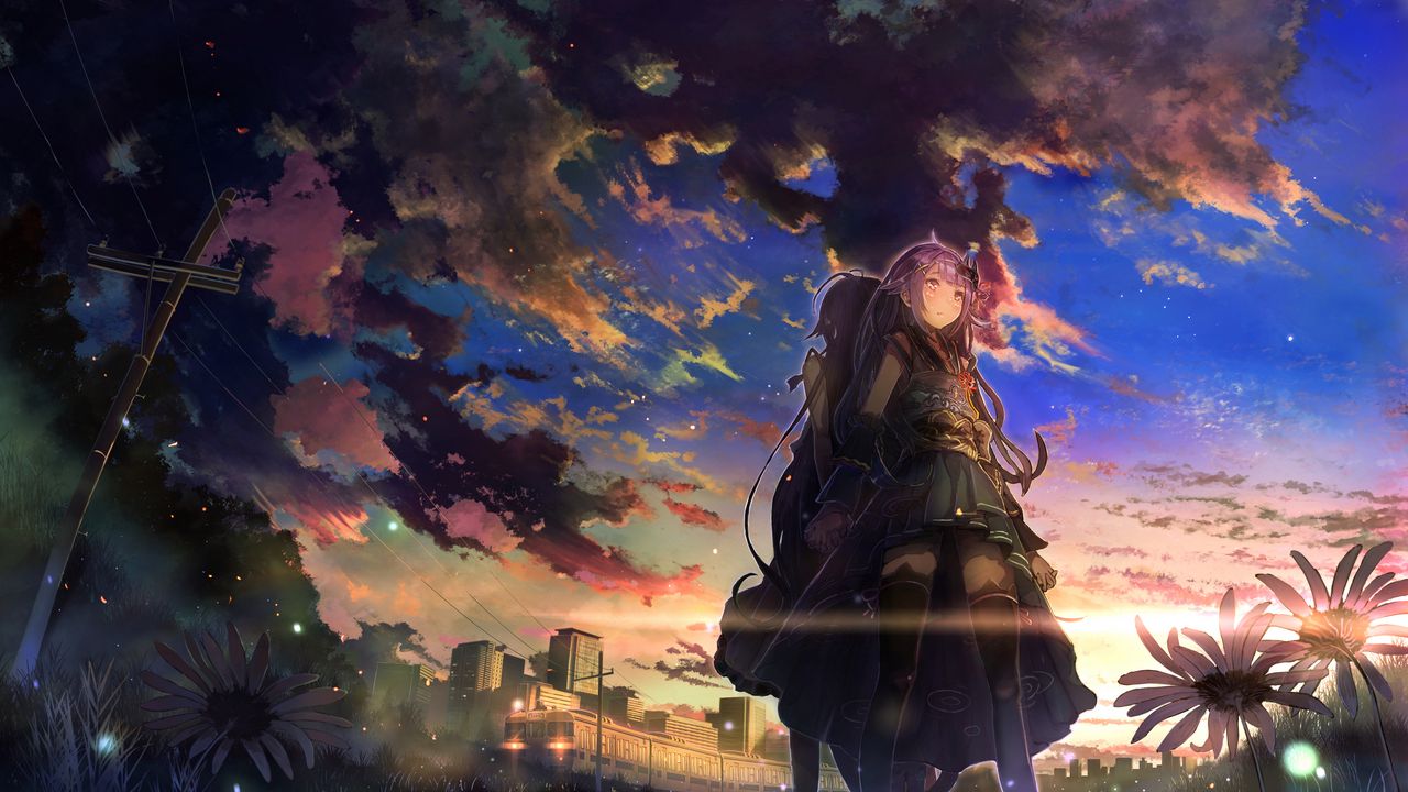Wallpaper girls, touch, sky, clouds, sunset, anime