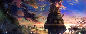 Preview wallpaper girls, touch, sky, clouds, sunset, anime