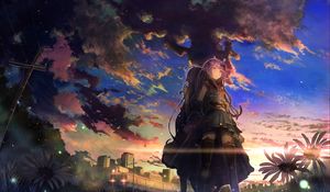 Preview wallpaper girls, touch, sky, clouds, sunset, anime