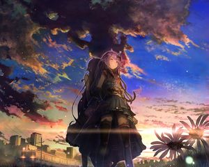 Preview wallpaper girls, touch, sky, clouds, sunset, anime