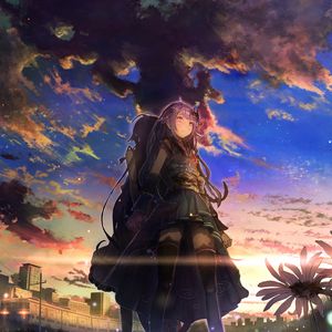 Preview wallpaper girls, touch, sky, clouds, sunset, anime